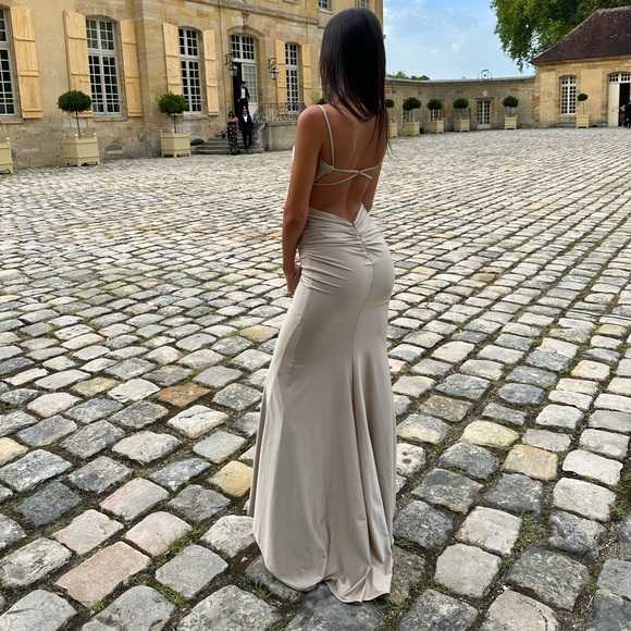 La Femme Ruched Trumpet Dress strappy back. - Picture 2 of 5